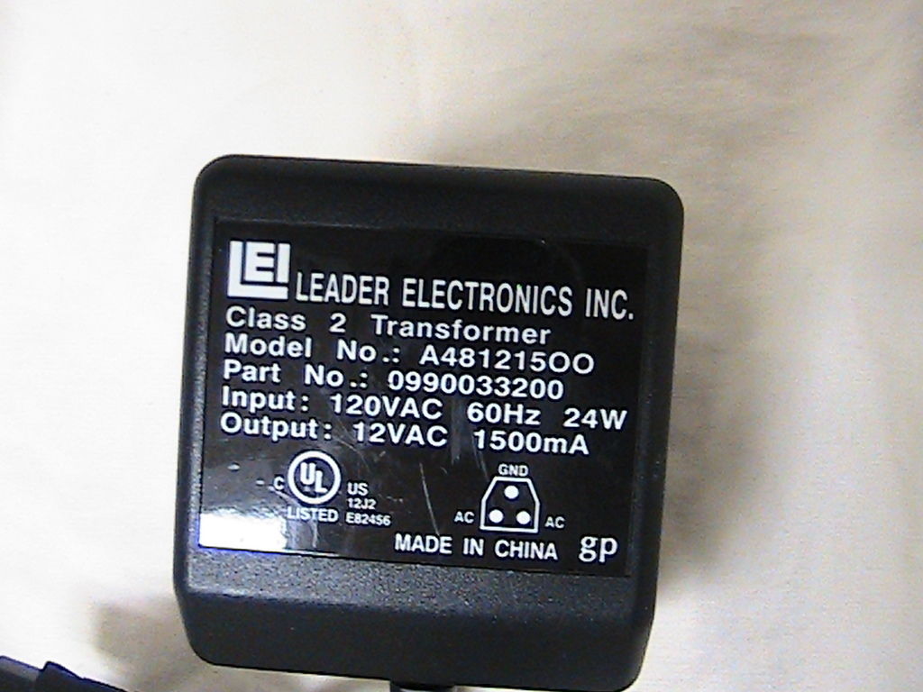 *Brand NEW* 12VAC 1500MA LEADER ELECTRONICS A481215OO 120VAC AC ADAPTER - Click Image to Close